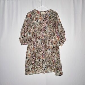 Elan Boho Paisley Dress Small Multicolor Floral Tie Neck Bishop Elbow Sleeve